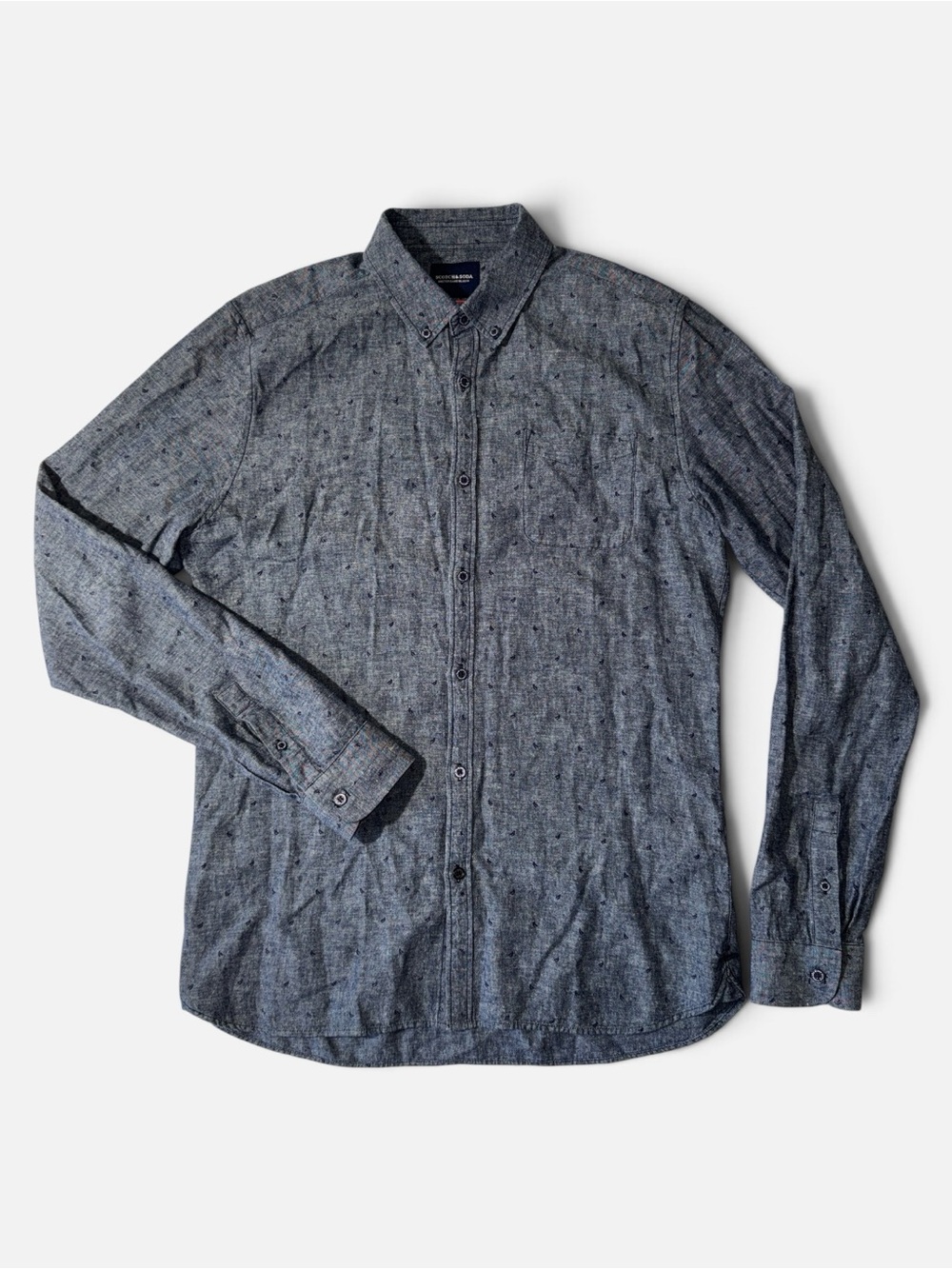 Scotch & Soda mens L Large blue geo pattern cotton linen button up shirt EUC